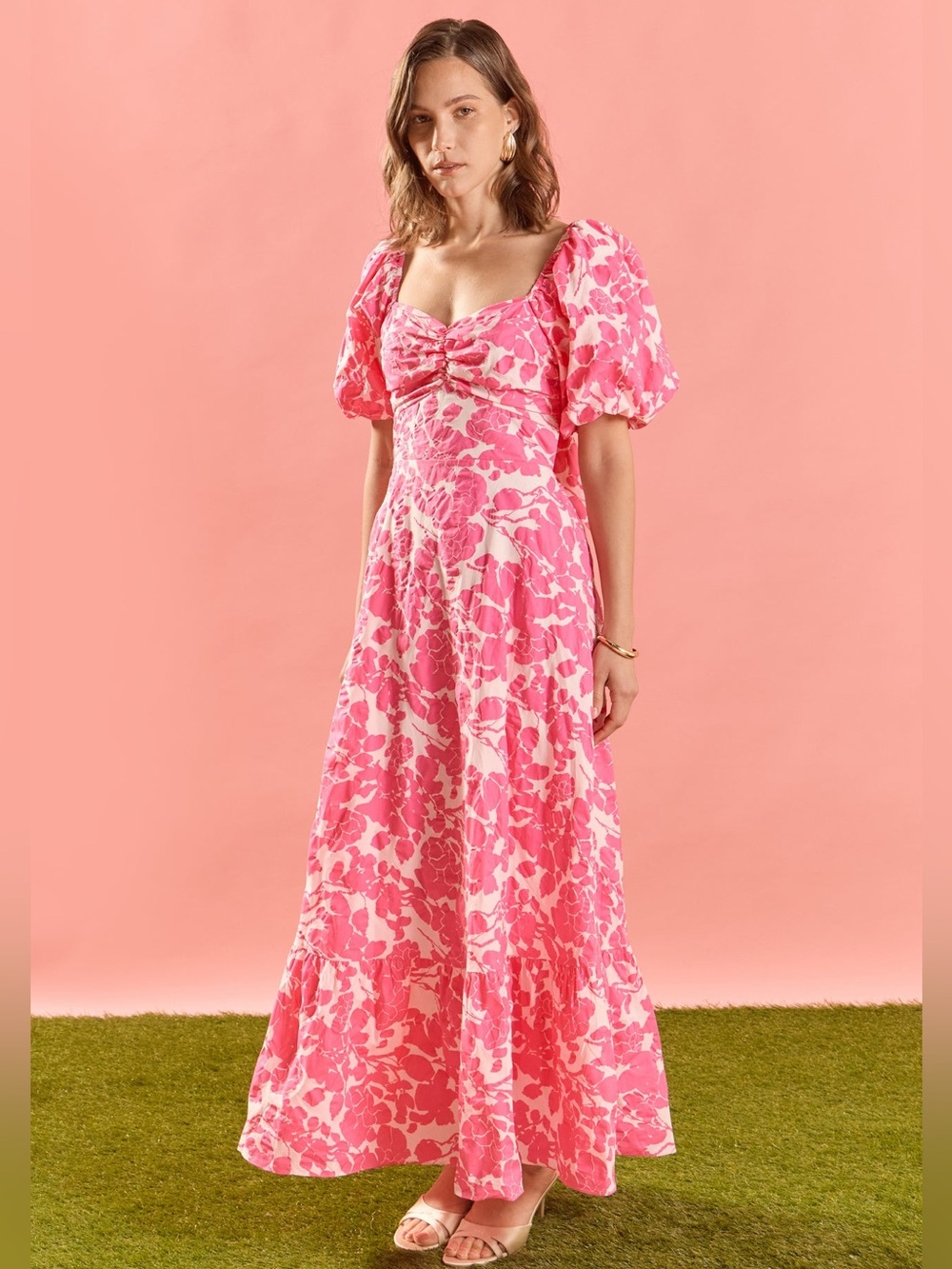 English Factory Pink Floral Puff-Sleeve Maxi Dress NWT